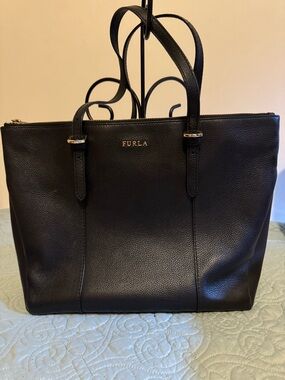 Furla Black Pebbled Leather Tote with Gold Logo
